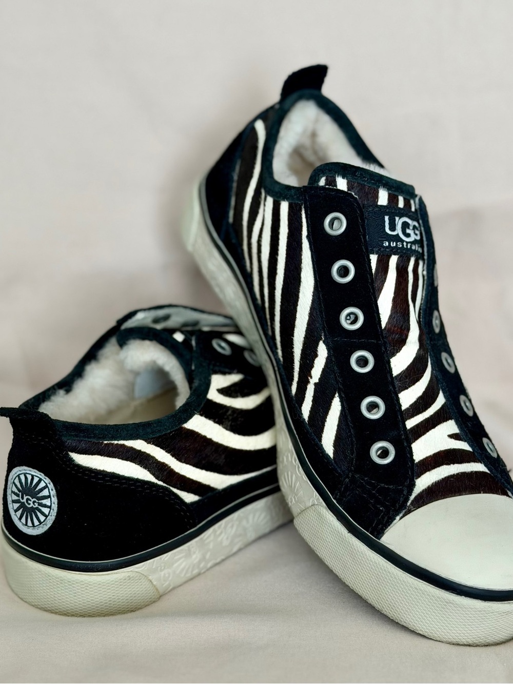 UGG Laela Zebra Calf Hair Shearling Slip On Sneakers 6.5